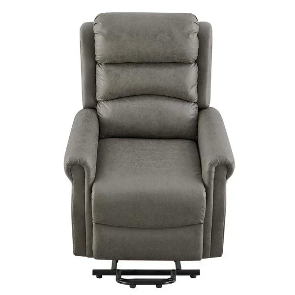 Grey recliner chair with padded seat, armrests, and visible footrest, front view