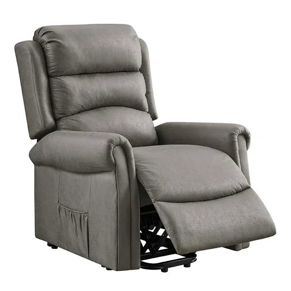 Grey fabric recliner chair with padded backrest and extended footrest, side pocket visible