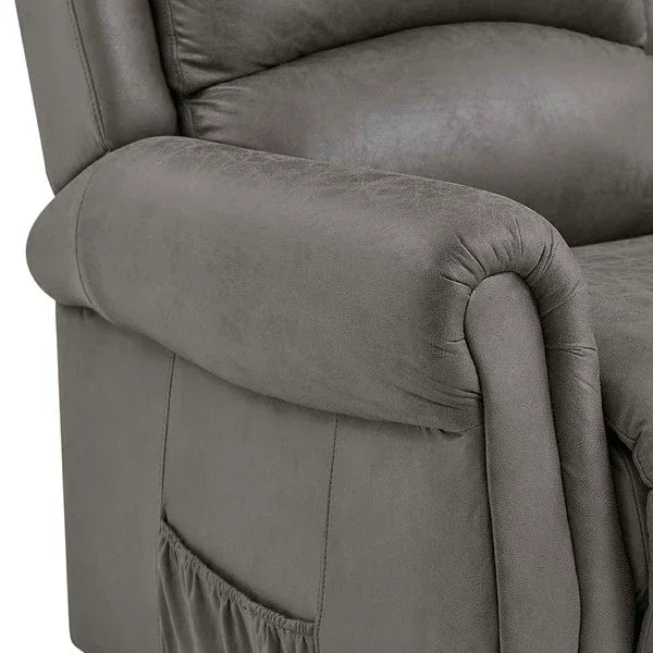Grey fabric recliner chair armrest and seat with side pocket closeup