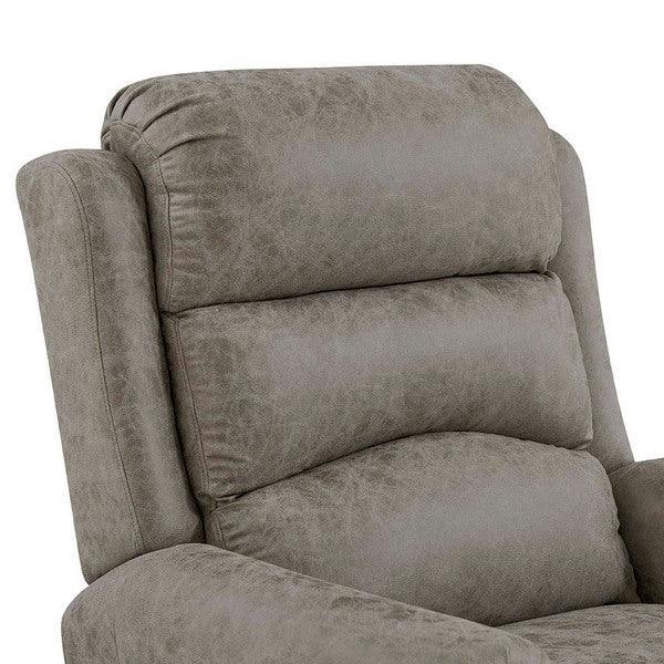 Grey fabric recliner chair backrest with padded sections and soft armrest detail