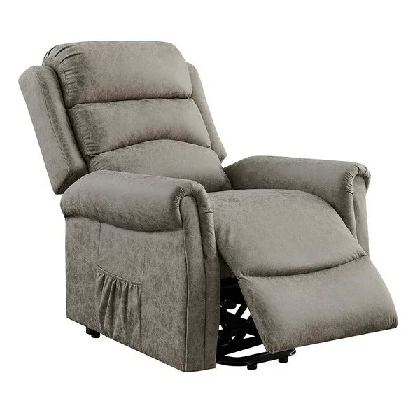 Grey fabric recliner chair with high back and side pocket in extended footrest position