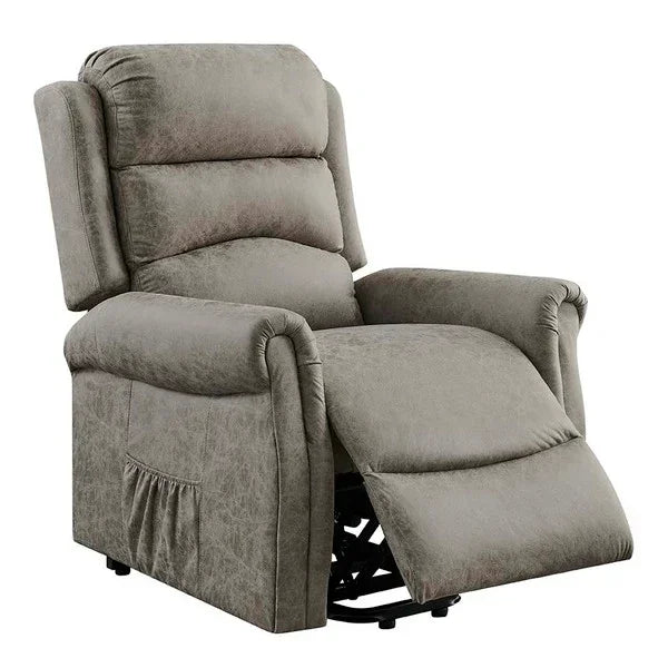 Grey fabric recliner chair with padded backrest and footrest extended, side pocket visible