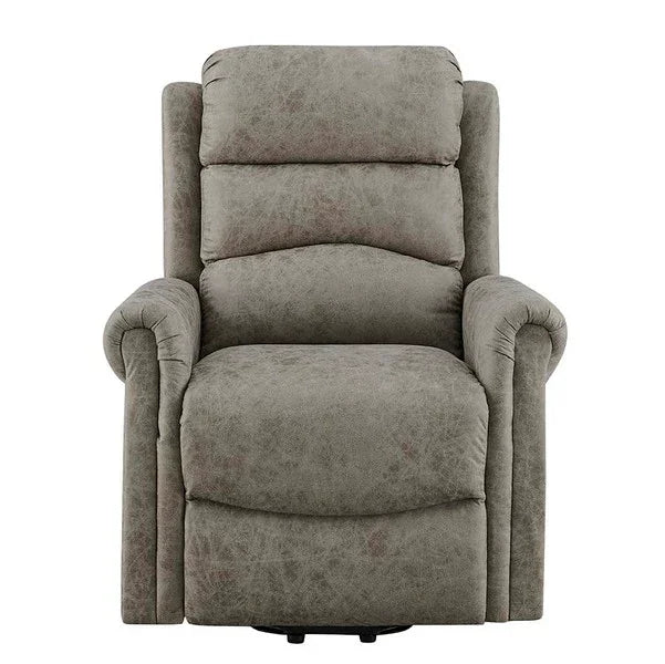 Grey fabric recliner chair with padded armrests and cushioned backrest, front view