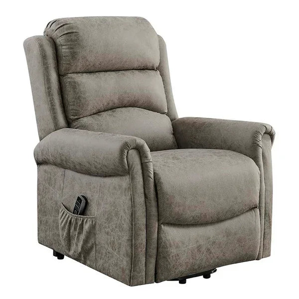 Grey fabric recliner chair with padded backrest, side pocket and remote control visible