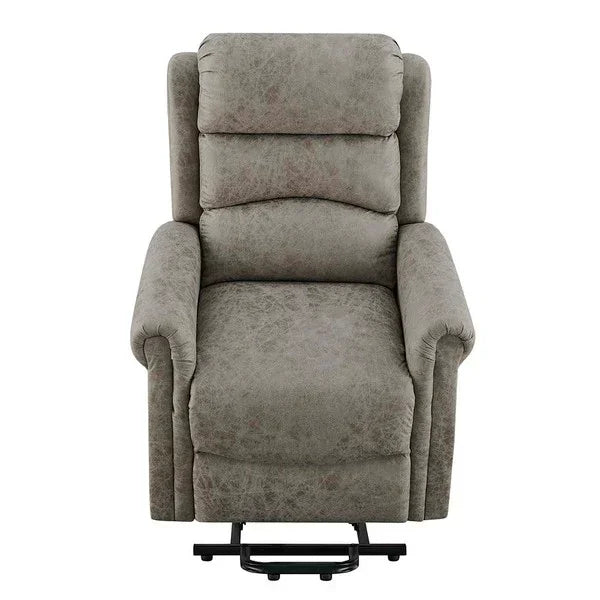 Grey fabric recliner chair with padded seat and armrests, front view