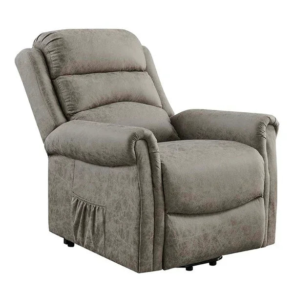 Grey fabric recliner chair with padded arms and side storage pocket, front angle view