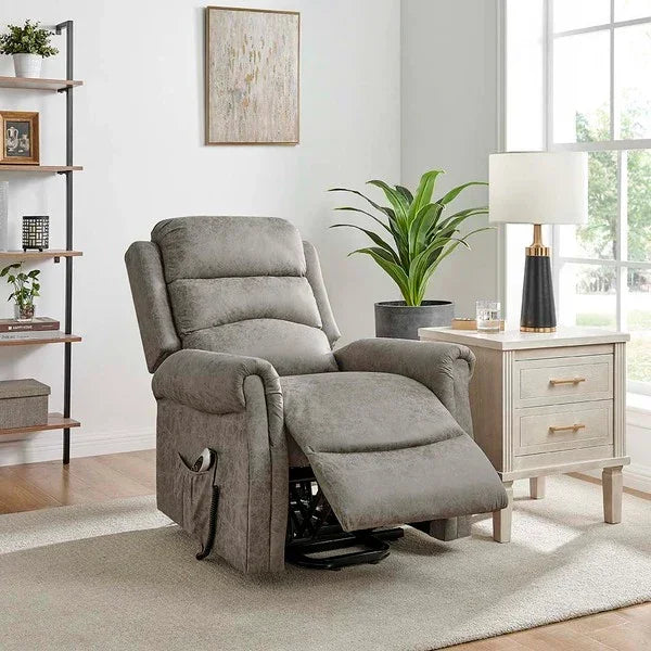 Grey fabric recliner chair with extended footrest in modern living room