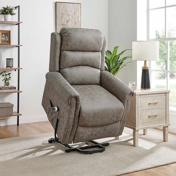 Grey fabric electric recliner chair with lift function in a modern living room setting