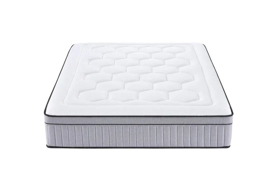 Double mattress with white quilted top and grey side panel, front-facing view