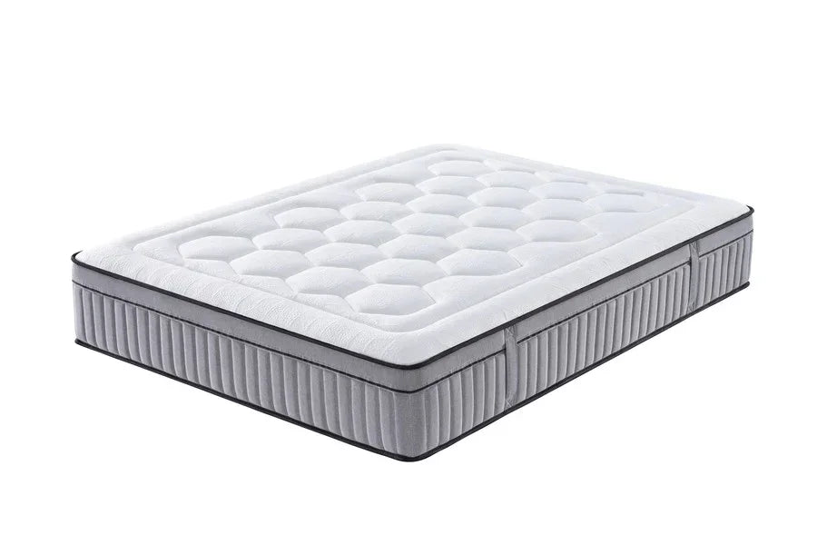 Double mattress with quilted top and grey sides on white background