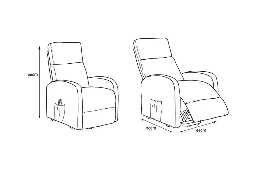 Recliner chair dimensions diagram showing seat, arm pocket, reclined and upright positions