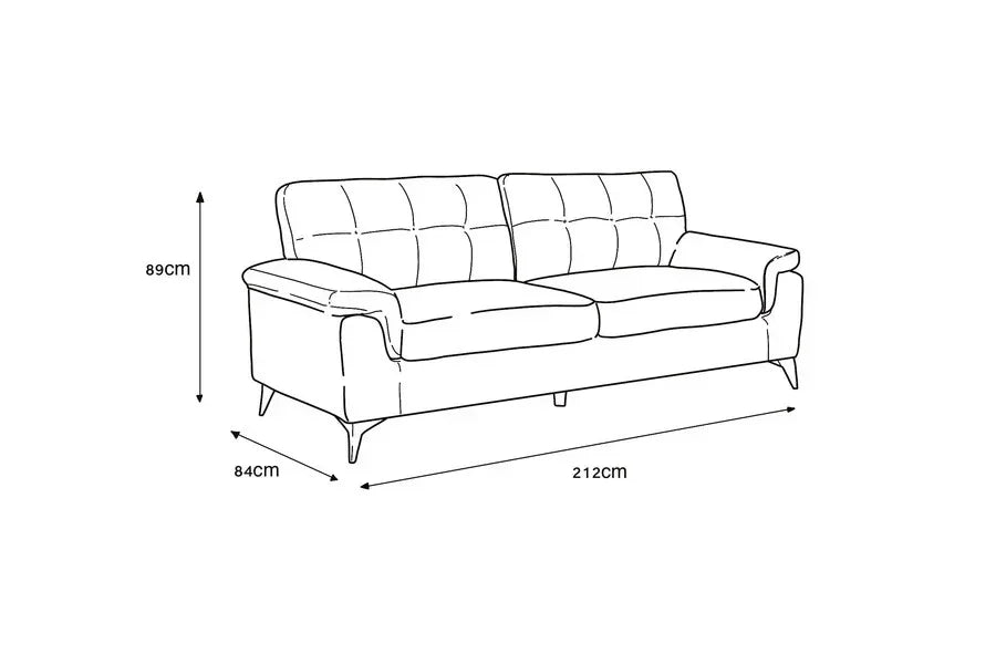 Three seater sofa dimensions diagram with armrests, showing width 212cm, depth 84cm, height 89cm