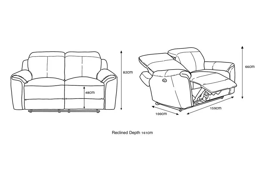 Two seater recliner sofa dimensions with front and side reclined views, measurements labeled in cm