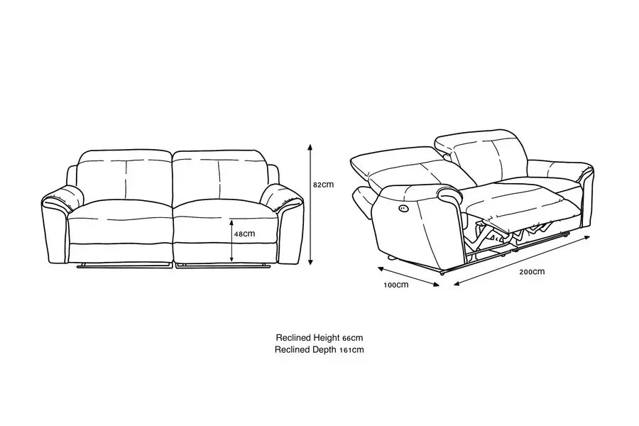 Two seater recliner sofa line drawing with measurements, side and front views shown