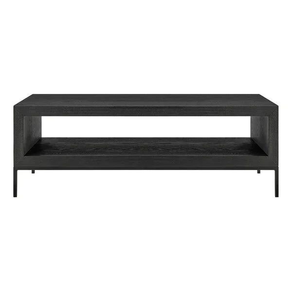 Black wooden coffee table with open shelf and metal legs, front view