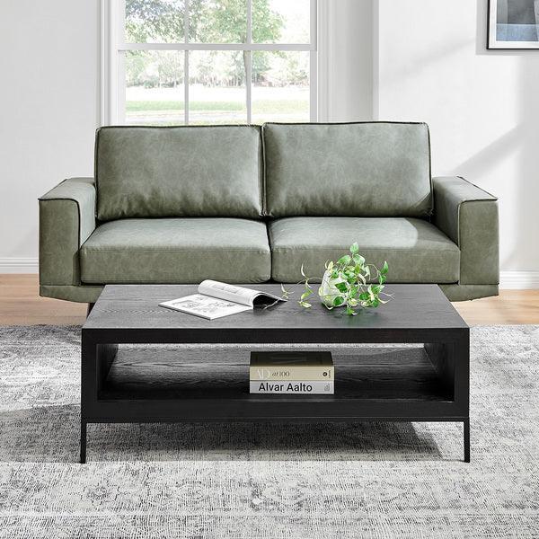 Green leather sofa paired with black wood coffee table in modern living room setting
