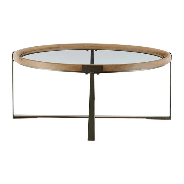 Round glass coffee table with wooden edge and black metal legs, front view