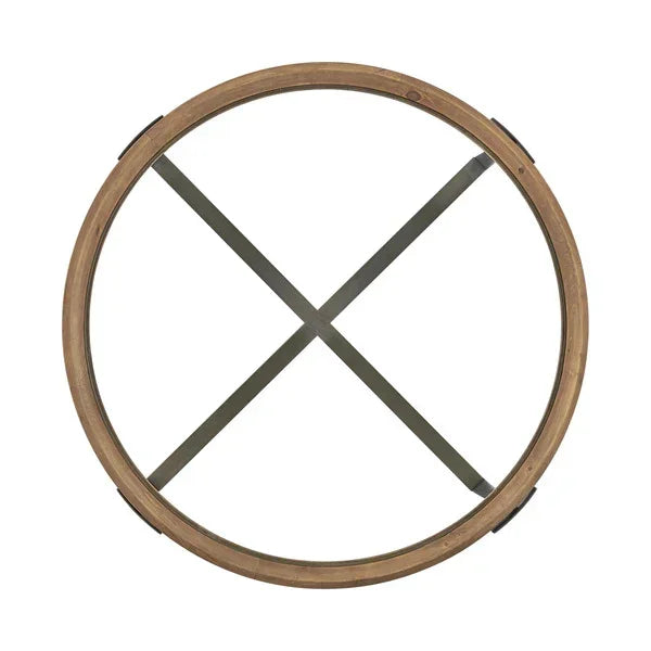 Round coffee table with wooden frame and crossed metal supports, top view