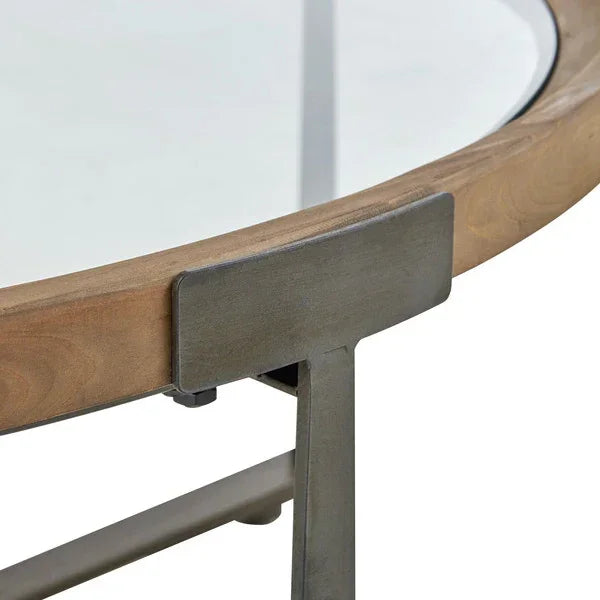 Round glass top coffee table with wooden rim and metal frame detail
