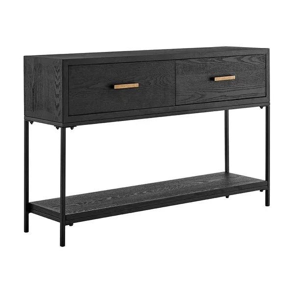 Black wooden console table with two drawers, gold handles, and lower open shelf