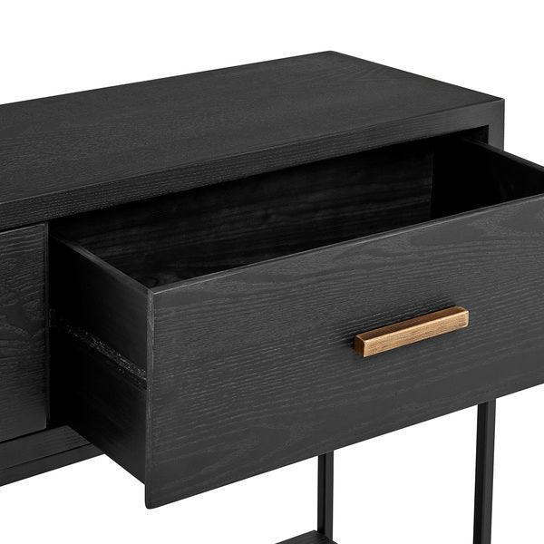 Black wood console table with open drawer, gold handle and slim metal legs