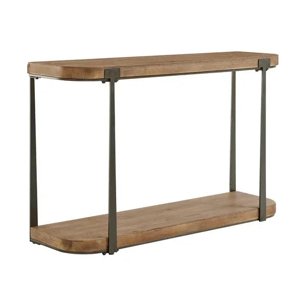 Industrial console table with wood shelves and metal frame, two tier, rectangular design