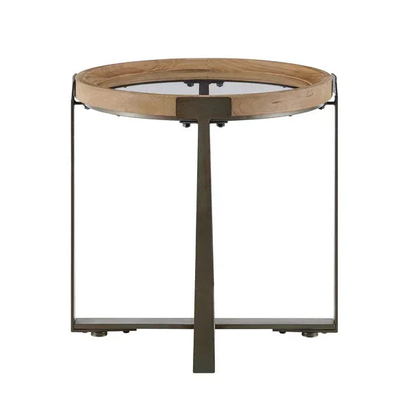 Round glass side table with light wood trim and black metal legs, front view