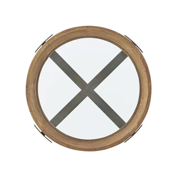 Round wooden wall mirror with metal cross detail and clear glass center