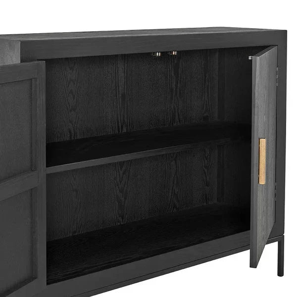 Black wood sideboard cabinet with open doors showing interior shelf and gold handle