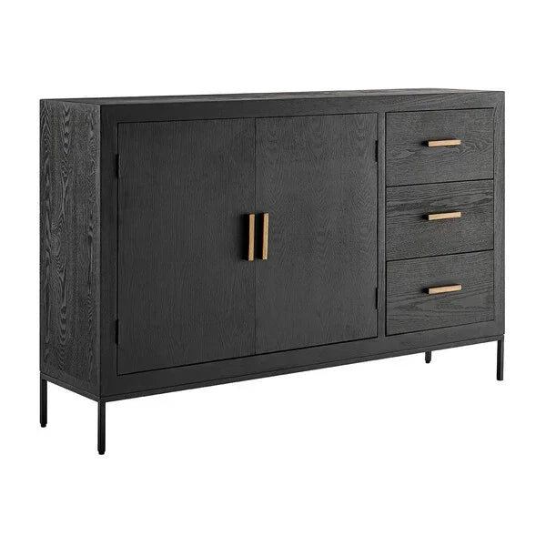 Black sideboard with three drawers and gold handles on metal legs