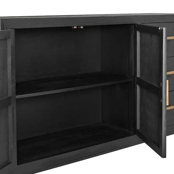 Black wood sideboard with open cabinet doors and interior storage shelf