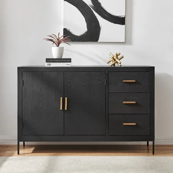 Black wood sideboard with gold handles, three drawers, two doors, modern decor on top