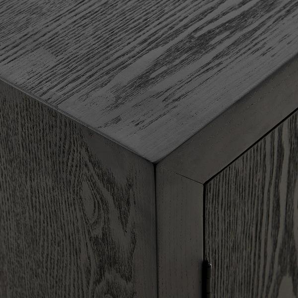 Close-up of black wood grain cabinet corner with visible texture