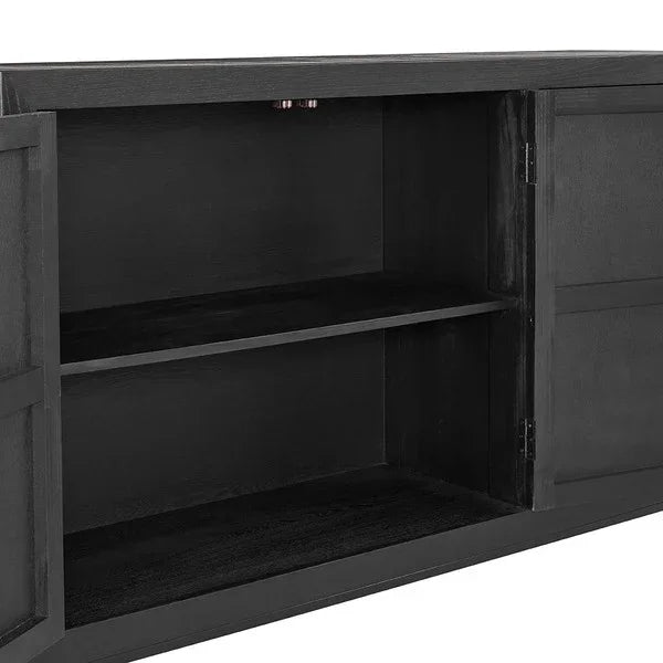 Black wooden sideboard cabinet with double doors open showing two storage shelves