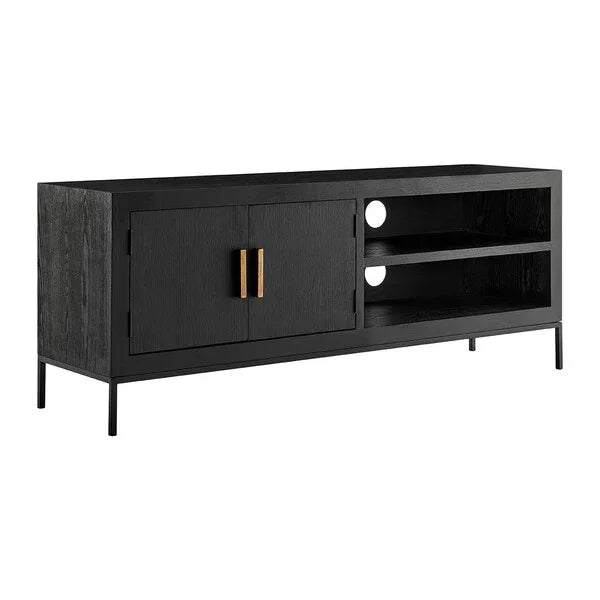 Black wooden TV unit with gold handles, two doors, and open shelves for media storage