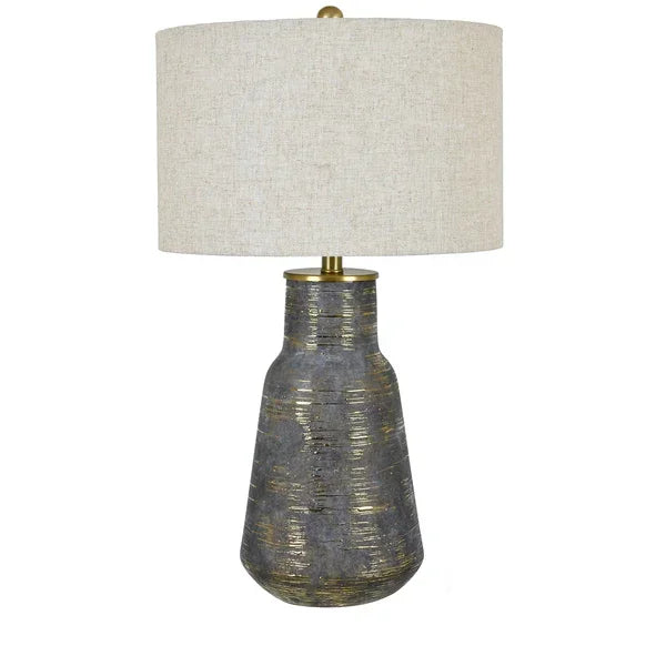 Ceramic table lamp with textured grey base and cream linen shade