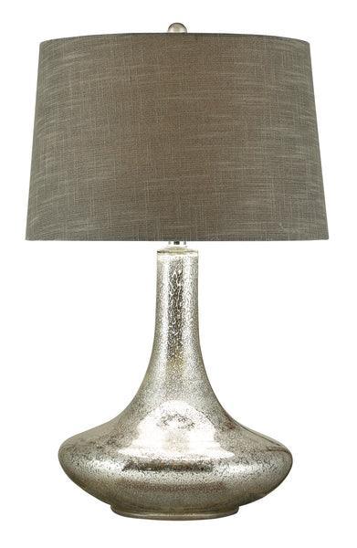 Textured silver table lamp with a wide base and grey fabric lampshade