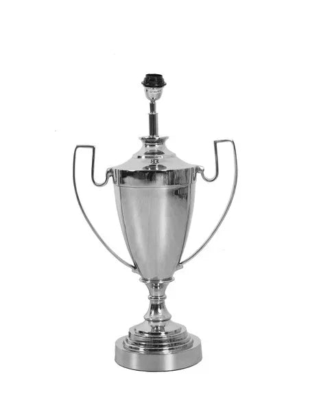 silver trophy table lamp with two handles, classic urn shape, photographed on white background