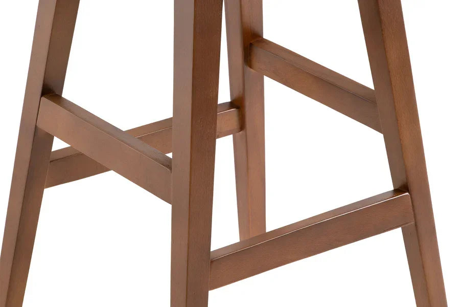 Solid wood bar stool legs with horizontal supports, warm walnut finish, close-up view