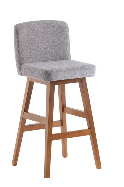 Grey upholstered bar stool with wooden legs and low backrest