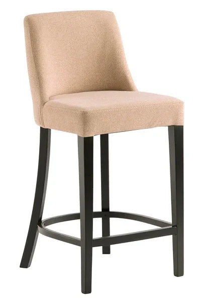Beige upholstered bar stool with cushioned seat and backrest, black wooden legs