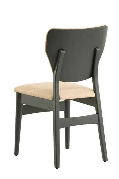 Dining chair with black wood frame and light fabric seat, rear angle view