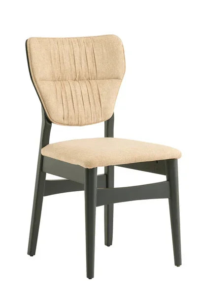 Beige fabric dining chair with black wooden legs and stitched backrest, front angle view