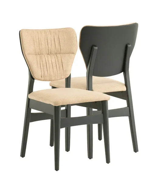 Pair of upholstered dining chairs with beige fabric seats and dark wood legs