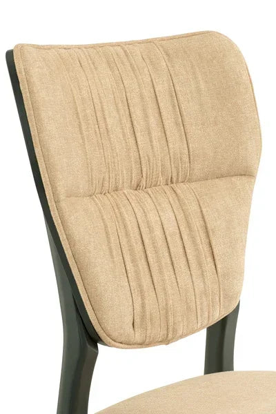 Beige upholstered dining chair with vertical stitching and black frame, close-up of backrest