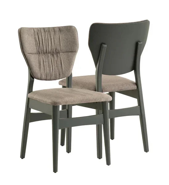 Pair of grey upholstered dining chairs with padded seat and backrest on wooden legs
