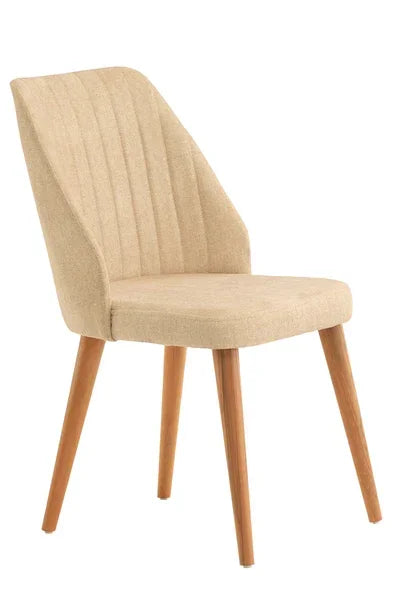 Beige fabric dining chair with wooden legs and vertical stitched backrest