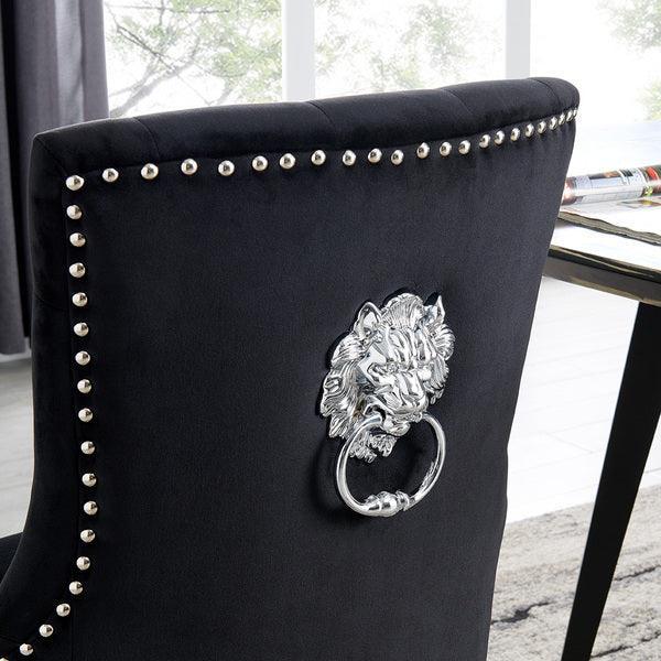 Black dining chair with silver lion knocker detail and stud trim