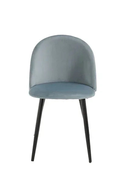 Light grey velvet dining chair with curved backrest and black tapered legs, front view