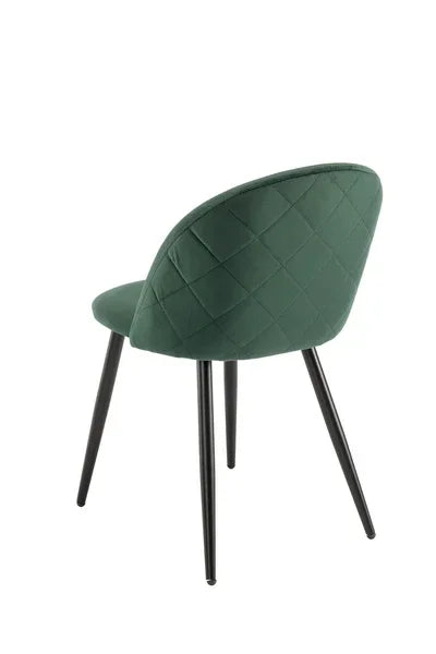 Green upholstered dining chair with black metal legs and quilted backrest, rear view
